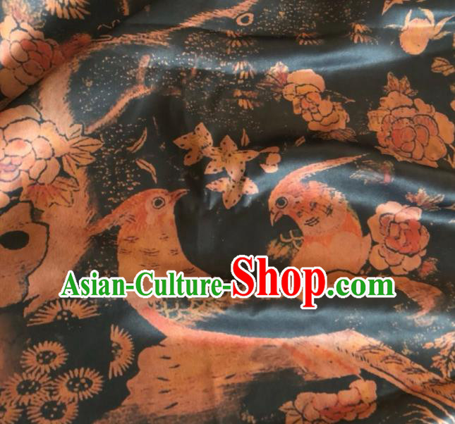 Asian Chinese Classical Birds Pattern Black Satin Drapery Gambiered Guangdong Gauze Brocade Traditional Cheongsam Brocade Silk Fabric