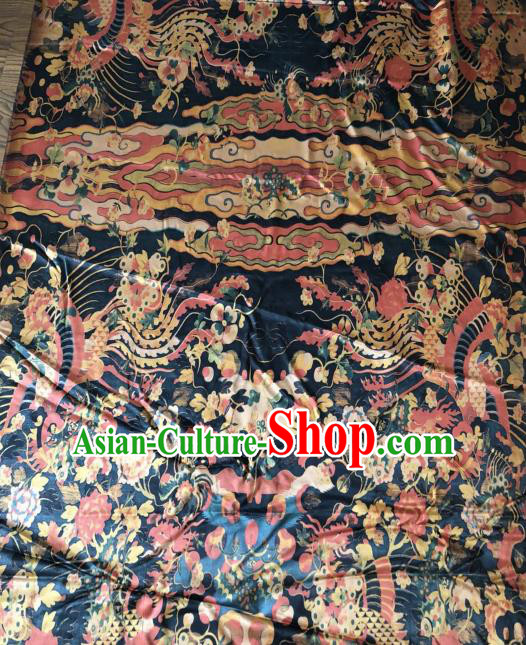 Asian Chinese Classical Cloud Phoenix Pattern Navy Satin Drapery Gambiered Guangdong Gauze Brocade Traditional Cheongsam Brocade Silk Fabric