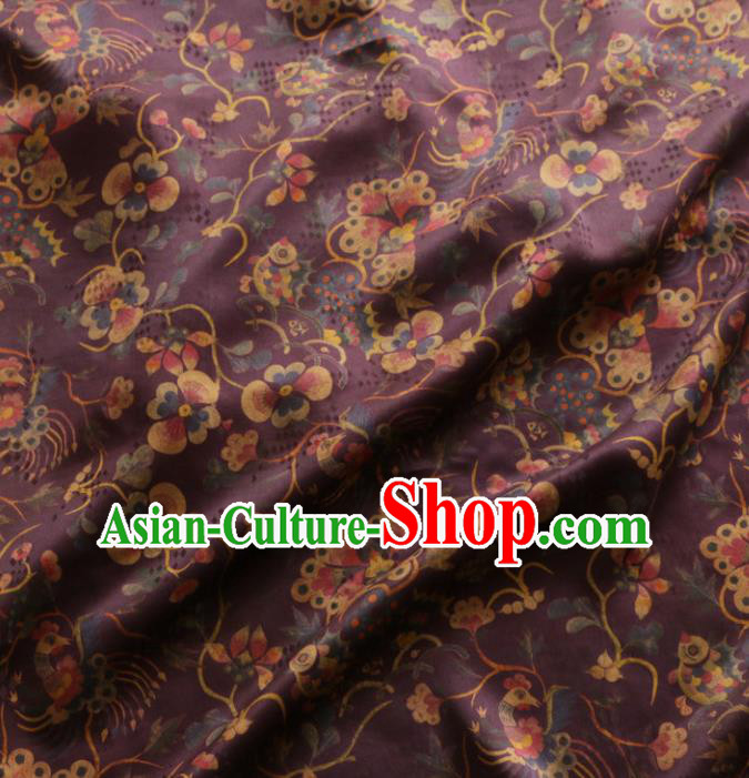 Asian Chinese Classical Phoenix Flowers Pattern Purple Gambiered Guangdong Gauze Satin Drapery Brocade Traditional Cheongsam Brocade Silk Fabric