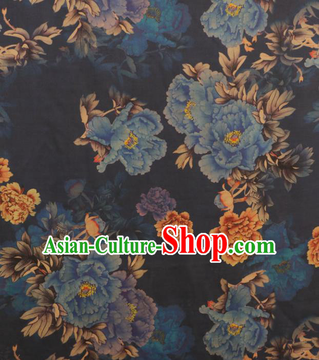 Asian Chinese Classical Blue Peony Pattern Gambiered Guangdong Gauze Satin Drapery Brocade Traditional Cheongsam Brocade Silk Fabric
