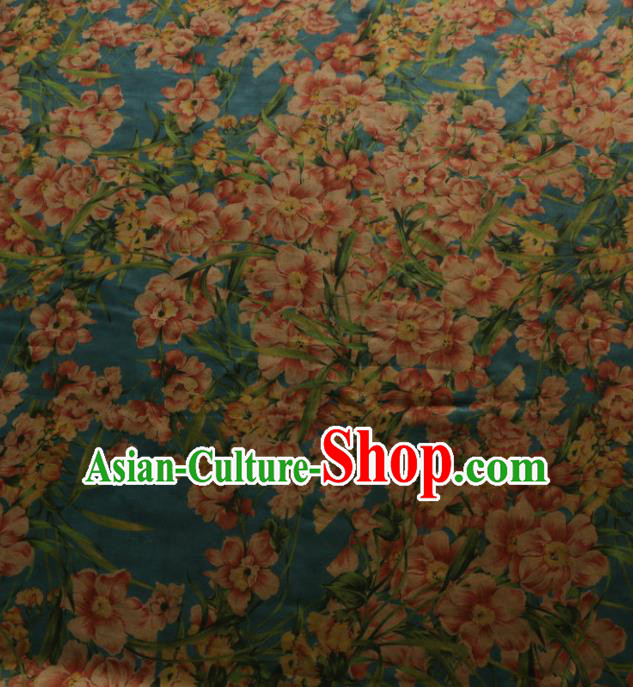 Asian Chinese Classical Flowers Pattern Blue Gambiered Guangdong Gauze Satin Drapery Brocade Traditional Cheongsam Brocade Silk Fabric