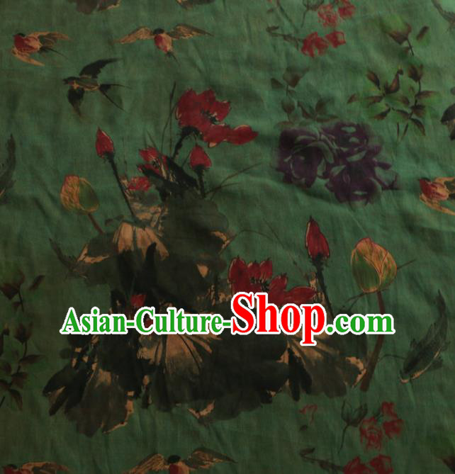 Asian Chinese Classical Lotus Pattern Green Gambiered Guangdong Gauze Satin Drapery Brocade Traditional Cheongsam Brocade Silk Fabric