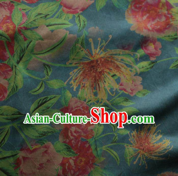 Asian Chinese Classical Peony Pattern Blue Gambiered Guangdong Gauze Satin Drapery Brocade Traditional Cheongsam Brocade Silk Fabric