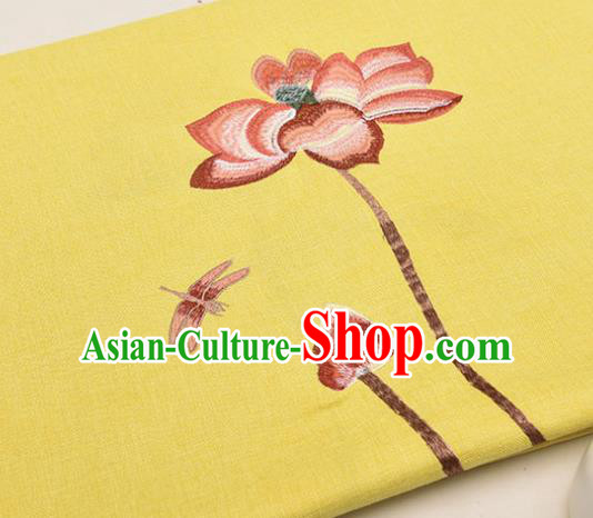 Asian Chinese Cheongsam Classical Embroidered Lotus Pattern Yellow Satin Drapery Brocade Traditional Brocade Silk Fabric