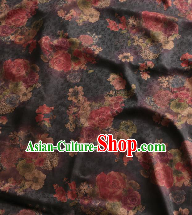 Asian Chinese Classical Roses Pattern Black Gambiered Guangdong Gauze Satin Drapery Brocade Traditional Cheongsam Brocade Silk Fabric