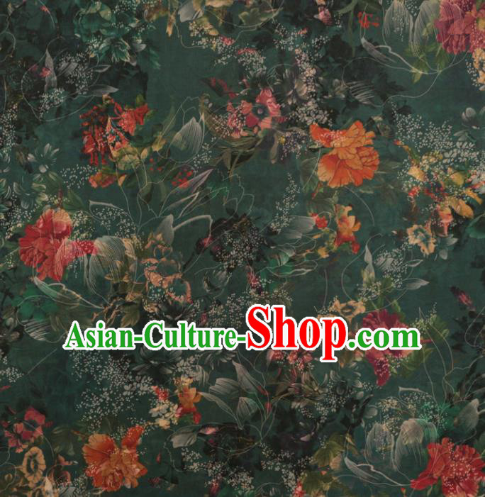 Asian Chinese Classical Peony Pattern Deep Green Gambiered Guangdong Gauze Satin Drapery Brocade Traditional Cheongsam Brocade Silk Fabric