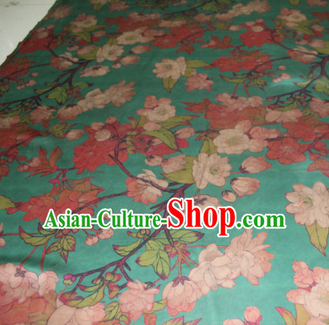 Asian Chinese Cheongsam Classical Peach Blossom Pattern Green Gambiered Guangdong Gauze Satin Drapery Brocade Traditional Brocade Silk Fabric