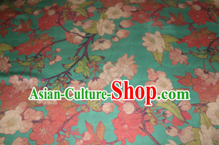 Asian Chinese Cheongsam Classical Peach Blossom Pattern Green Gambiered Guangdong Gauze Satin Drapery Brocade Traditional Brocade Silk Fabric