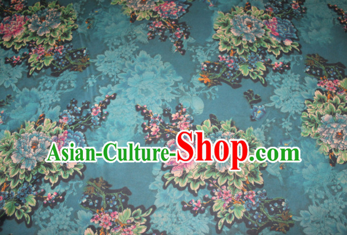 Asian Chinese Cheongsam Classical Peony Pattern Blue Gambiered Guangdong Gauze Satin Drapery Brocade Traditional Brocade Silk Fabric
