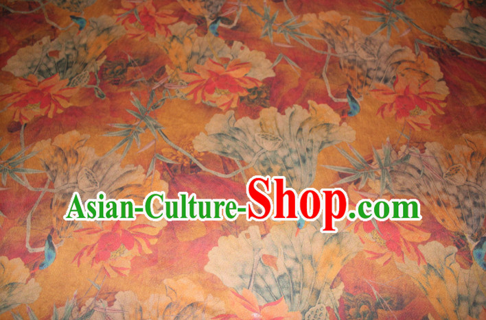 Chinese Traditional Cheongsam Classical Lotus Pattern Orange Gambiered Guangdong Gauze Asian Satin Drapery Brocade Silk Fabric
