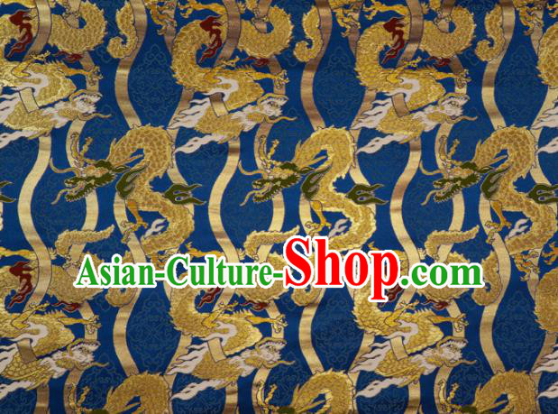 Japanese Traditional Kimono Classical Dragons Pattern Royalblue Brocade Damask Asian Japan Satin Drapery Silk Fabric