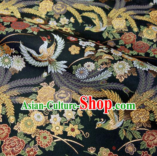 Japanese Traditional Kimono Classical Phoenix Peony Pattern Black Brocade Damask Asian Japan Satin Drapery Silk Fabric
