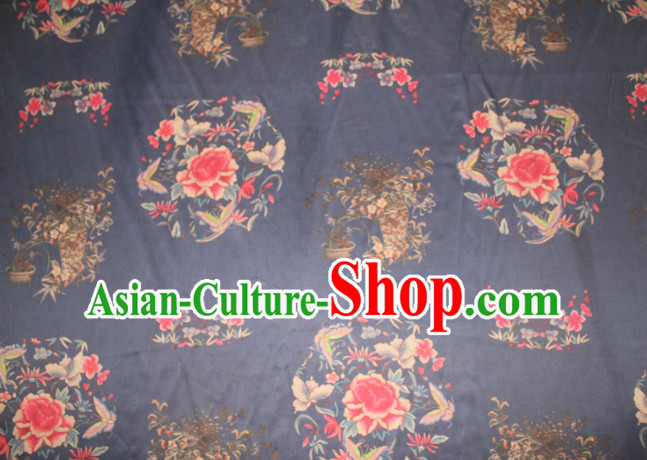 Asian Chinese Cheongsam Classical Peony Orchid Pattern Navy Gambiered Guangdong Gauze Satin Drapery Brocade Traditional Brocade Silk Fabric