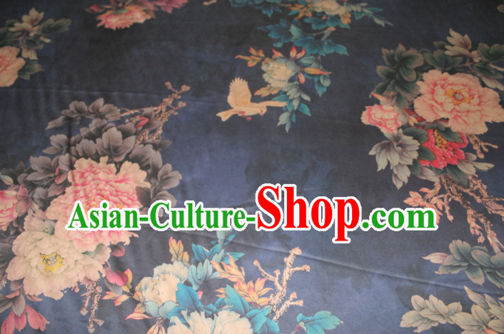 Asian Chinese Cheongsam Classical Peony Pattern Navy Gambiered Guangdong Gauze Satin Drapery Brocade Traditional Brocade Silk Fabric