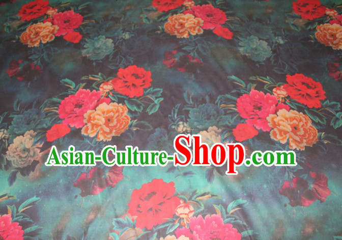 Asian Chinese Cheongsam Classical Peony Pattern Dark Green Gambiered Guangdong Gauze Satin Drapery Brocade Traditional Brocade Silk Fabric