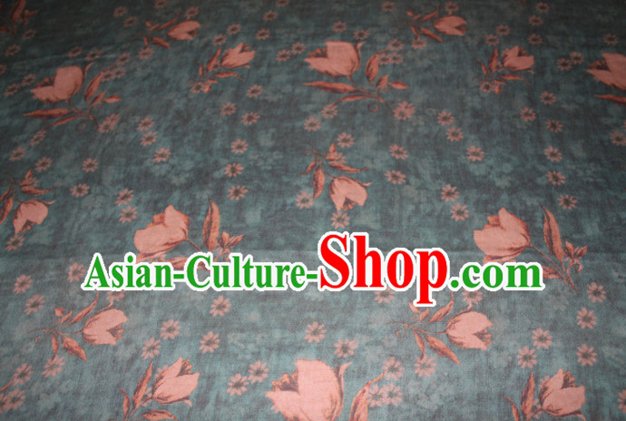 Chinese Traditional Cheongsam Classical Tulip Pattern Blue Gambiered Guangdong Gauze Asian Satin Drapery Brocade Silk Fabric