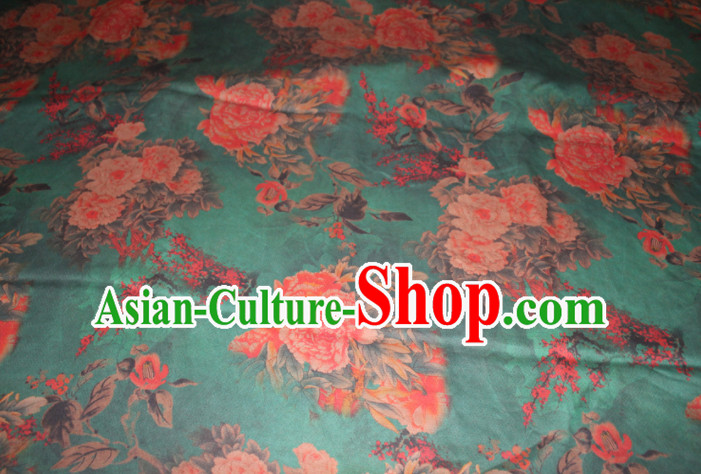 Chinese Traditional Cheongsam Classical Peony Plum Pattern Green Gambiered Guangdong Gauze Asian Satin Drapery Brocade Silk Fabric