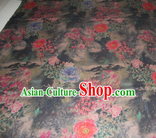 Chinese Traditional Cheongsam Classical Peony Camellia Pattern Black Gambiered Guangdong Gauze Asian Satin Drapery Brocade Silk Fabric