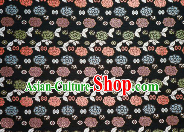 Japanese Traditional Kimono Classical Peony Pattern Black Brocade Damask Asian Japan Nishijin Satin Drapery Silk Fabric