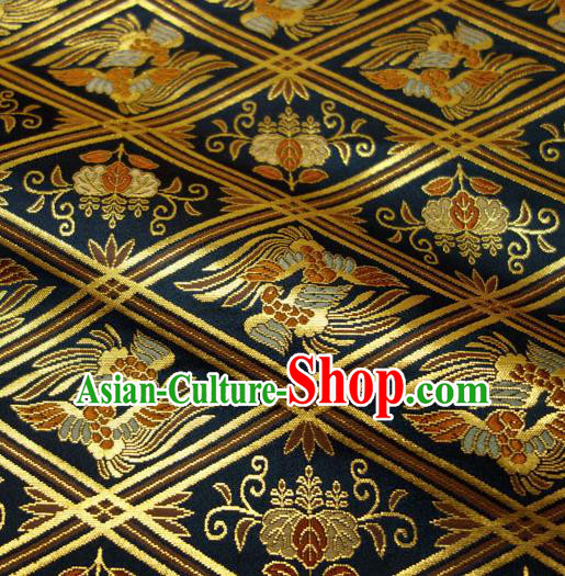Japanese Traditional Kimono Classical Phoenix Pattern Navy Brocade Damask Asian Japan Nishijin Satin Drapery Silk Fabric