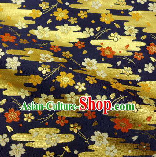 Japanese Traditional Kimono Classical Cloud Sakura Pattern Navy Blue Brocade Damask Asian Japan Nishijin Satin Drapery Silk Fabric