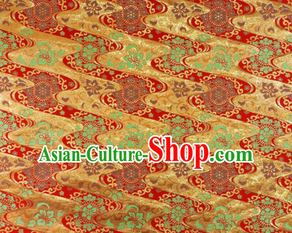 Japanese Traditional Kimono Classical Flow Pattern Red Brocade Damask Asian Japan Nishijin Satin Drapery Silk Fabric