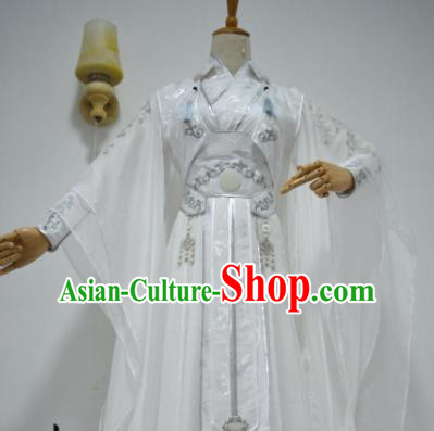 Chinese Customized Traditional Cosplay Taoist Swordsman Costume Ancient Drama Childe White Clothing for Men