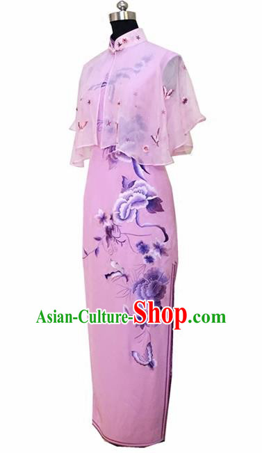 Chinese Traditional Customized Embroidered Pink Cheongsam National Costume Classical Qipao Dress for Women