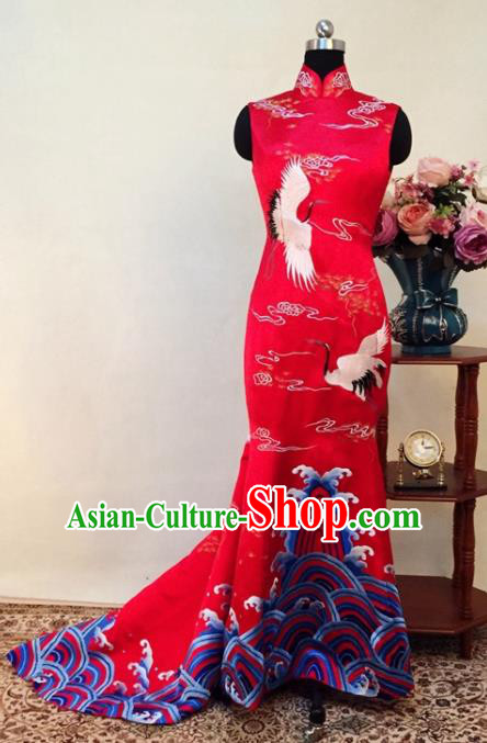 Chinese Traditional Customized Embroidered Crane Red Cheongsam National Costume Classical Qipao Dress for Women