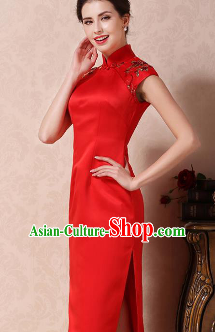Chinese Traditional Customized Red Silk Cheongsam National Costume Classical Qipao Dress for Women