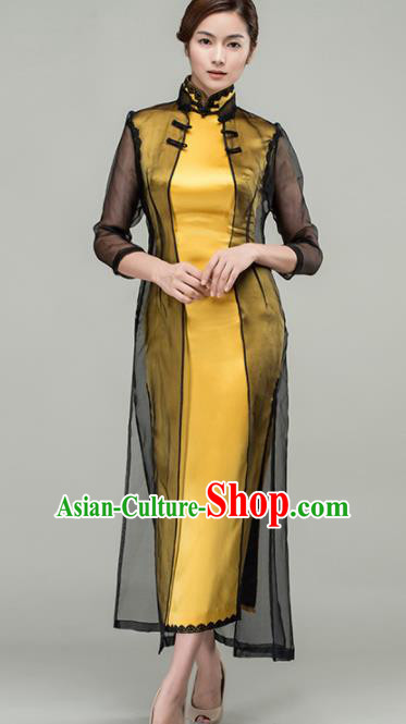 Chinese Traditional Customized Yellow Silk Cheongsam National Costume Classical Qipao Dress for Women