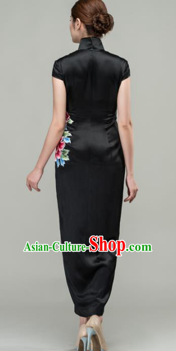 Chinese Traditional Customized Embroidered Peony Black Silk Cheongsam National Costume Classical Qipao Dress for Women
