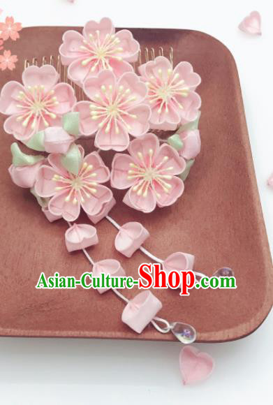 Asian Japan Geisha Pink Sakura Tassel Hair Comb Japanese Traditional Hair Accessories for Women