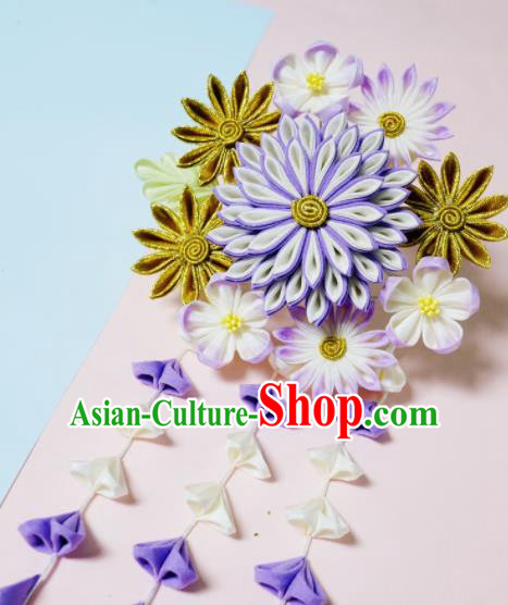 Asian Japan Geisha Purple Chrysanthemum Tassel Hairpins Japanese Traditional Hair Accessories for Women