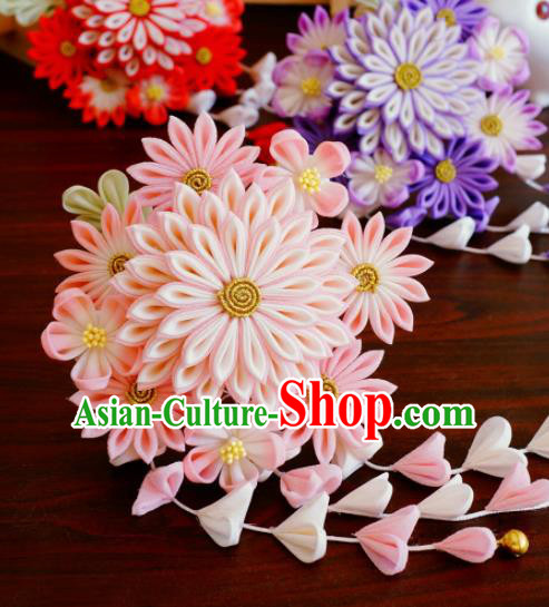 Asian Japan Geisha Pink Chrysanthemum Tassel Hairpins Japanese Traditional Hair Accessories for Women