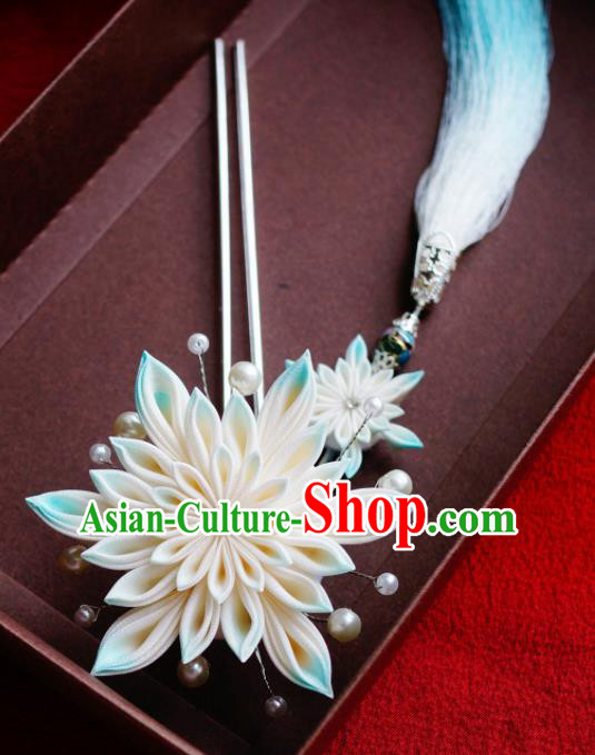 Asian Japan Traditional Geisha Blue Chrysanthemum Tassel Hairpins Japanese Kimono Hair Accessories for Women