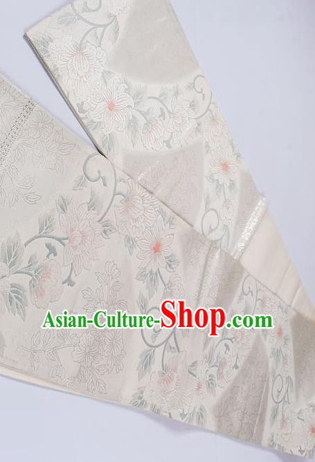 Traditional Japanese Classical Twine Peony Pattern White Waistband Kimono Brocade Accessories Yukata Belt for Women
