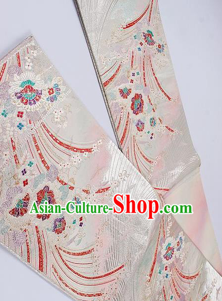 Traditional Japanese Classical Begonia Pattern White Waistband Kimono Brocade Accessories Yukata Belt for Women