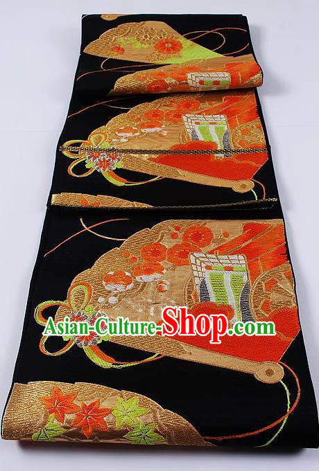Traditional Japanese Classical Plum Fan Pattern Black Waistband Kimono Brocade Accessories Yukata Belt for Women