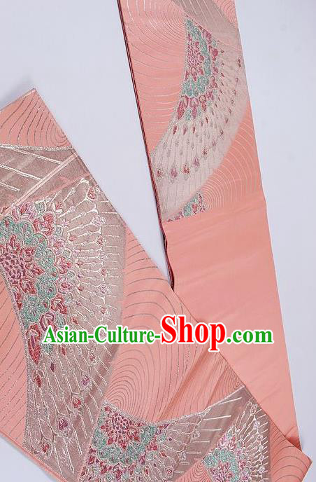 Traditional Japanese Classical Peony Fan Pattern Pink Waistband Kimono Brocade Accessories Yukata Belt for Women