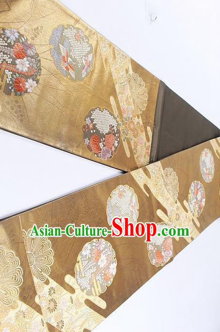 Traditional Japanese Classical Crane Daisy Pattern Brown Cannetille Waistband Kimono Brocade Accessories Yukata Belt for Women