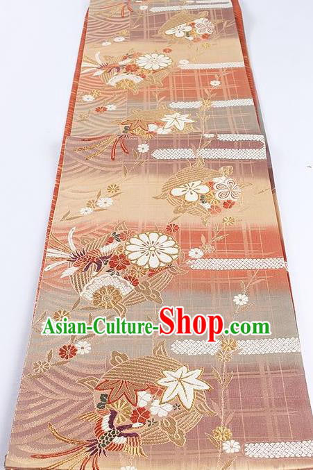 Traditional Japanese Classical Crane Daisy Pattern Pink Cannetille Waistband Kimono Brocade Accessories Yukata Belt for Women