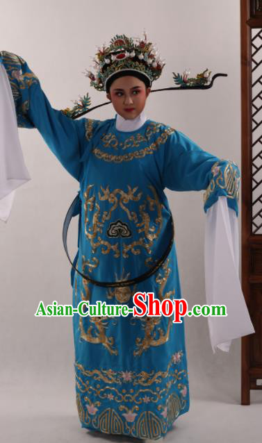 Traditional Chinese Huangmei Opera Niche Blue Robe Ancient Number One Scholar Embroidered Costume for Men