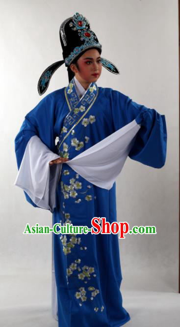Traditional Chinese Shaoxing Opera Niche Costume Ancient Scholar Embroidered Plum Royalblue Robe Clothing for Men
