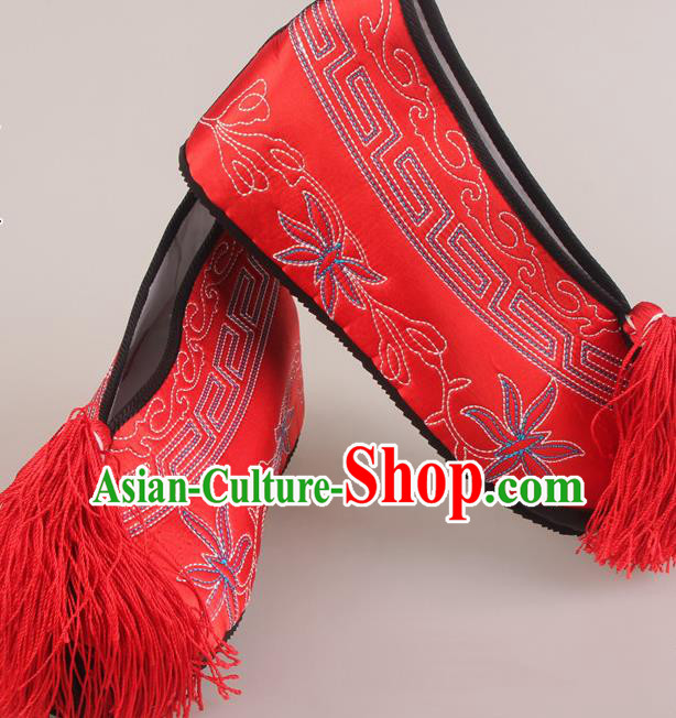 Traditional Chinese Beijing Opera Diva Red Height Embroidered Shoes Handmade Ancient Princess Blood Stained Shoes for Women