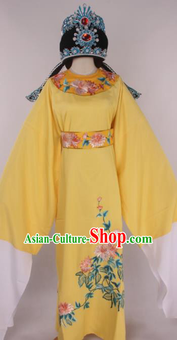 Traditional Chinese Shaoxing Opera Gifted Scholar Yellow Robe Ancient Childe Costume and Hat for Men