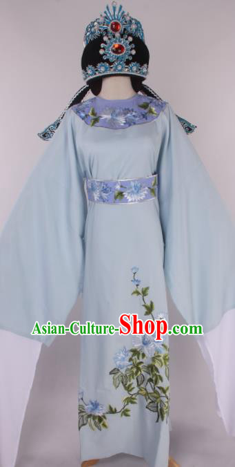 Traditional Chinese Shaoxing Opera Gifted Scholar Light Blue Robe Ancient Childe Costume and Hat for Men