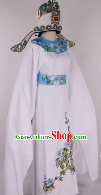 Traditional Chinese Shaoxing Opera Gifted Scholar White Robe Ancient Childe Costume and Hat for Men