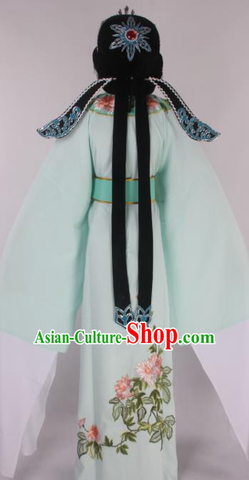 Traditional Chinese Shaoxing Opera Gifted Scholar Light Green Robe Ancient Childe Costume and Hat for Men
