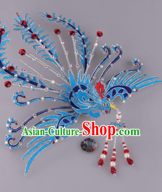 Traditional Chinese Shaoxing Opera Blue Phoenix Hairpins Ancient Princess Hair Accessories Headwear for Women